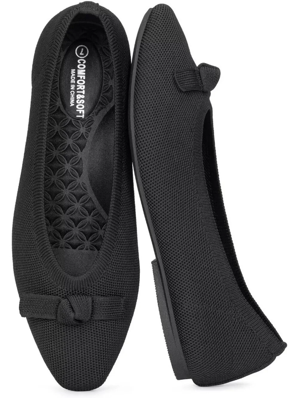 Frank Mully Women's Black Solid Rubber Knit Squared Toe Bow Slip On Ballet Flats